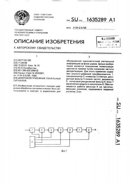 Цифровой приемник тональных сигналов (патент 1635289)