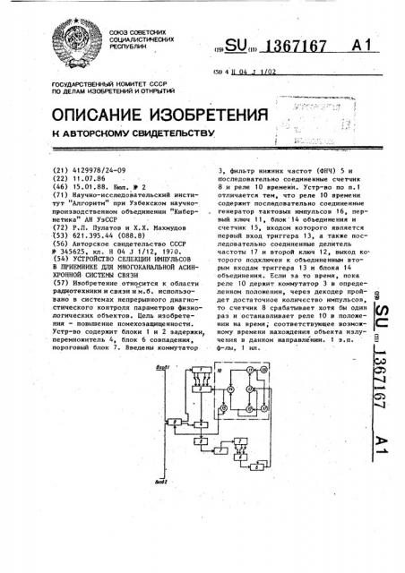 Устройство селекции импульсов в приемнике для многоканальной асинхронной системы связи (патент 1367167)