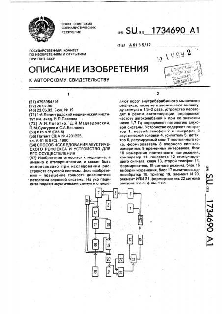 Способ исследования акустического рефлекса и устройство для его осуществления (патент 1734690)