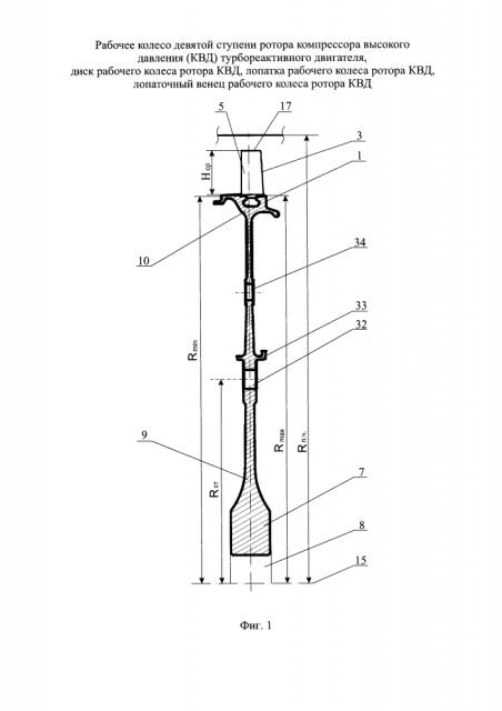Рабочее колесо девятой ступени ротора компрессора высокого давления (квд) турбореактивного двигателя, диск рабочего колеса ротора квд, лопатка рабочего колеса ротора квд, лопаточный венец рабочего колеса ротора квд (патент 2630925)
