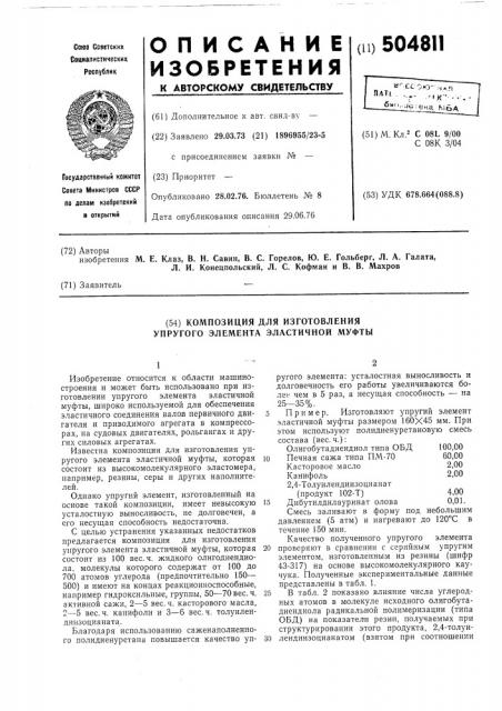 Композиция для изготовления упругого элемента эластичной муфты (патент 504811)