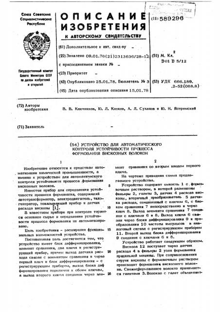 Устройство для автоматического контроля устойчивости процесса формования вискозных волокон (патент 589296)