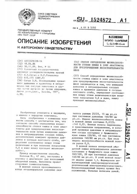 Способ определения жизнеспособности стенки кишки в зоне анастомоза для предупреждения несостоятельности швов (патент 1524872)
