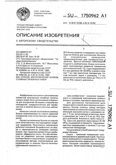 Способ изготовления блоков соляных лечебных камер (патент 1750962)