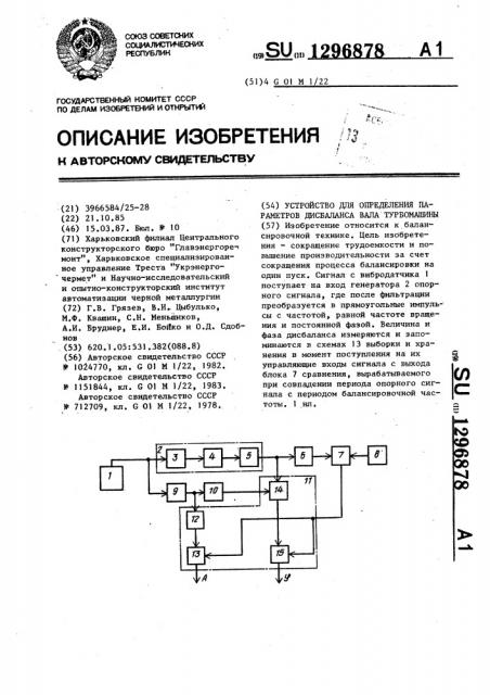 Устройство для определения параметров дисбаланса вала турбомашины (патент 1296878)