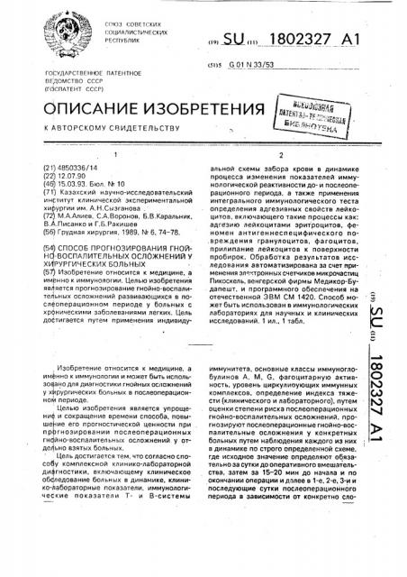 Способ прогнозирования гнойно-воспалительного осложнения у хирургических больных (патент 1802327)