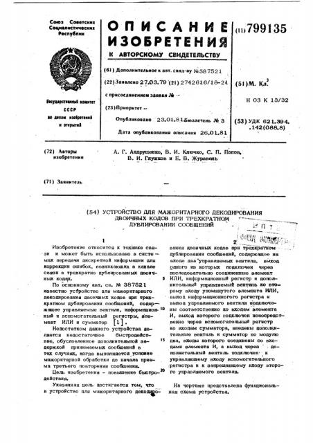 Устройство для мажоритарного деко-дирования двоичных кодов при tpex-kpathom дублировании сообщений (патент 799135)