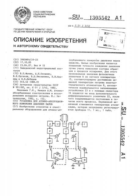 Установка для атомно-абсорбционного измерения давления паров (патент 1305542)