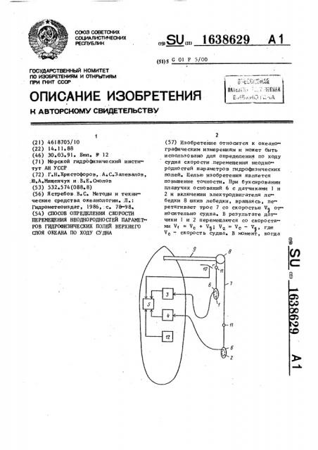Способ определения скорости перемещения неоднородностей параметров гидрофизических полей верхнего слоя океана по ходу судна (патент 1638629)