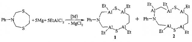 Способ совместного получения 2,6,8,11-тетраэтил-4-фенил-1,7-дитиа-4-аза-2,6,8,11-тетраалюминациклоундекана и 2,4,7,9,12-пентаэтил-5-фенил-1,8-дитиа-5-аза-2,4,7,9,12-пентаалюминациклододекана (патент 2584686)