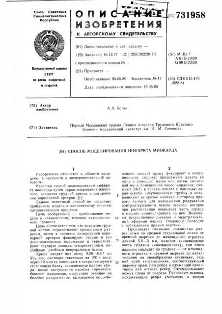 Способ моделирования инфаркта миокарда (патент 731958)