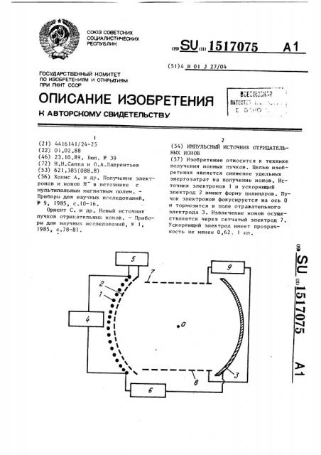 Импульсный источник отрицательных ионов (патент 1517075)