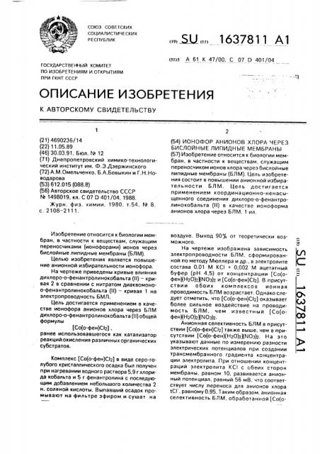 Ионофор анионов хлора через бислойные липидные мембраны (патент 1637811)