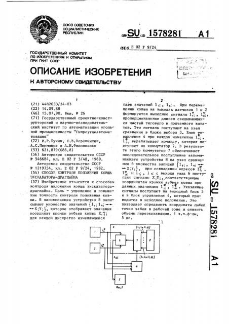 Способ контроля положения ковша экскаватора-драглайна (патент 1578281)