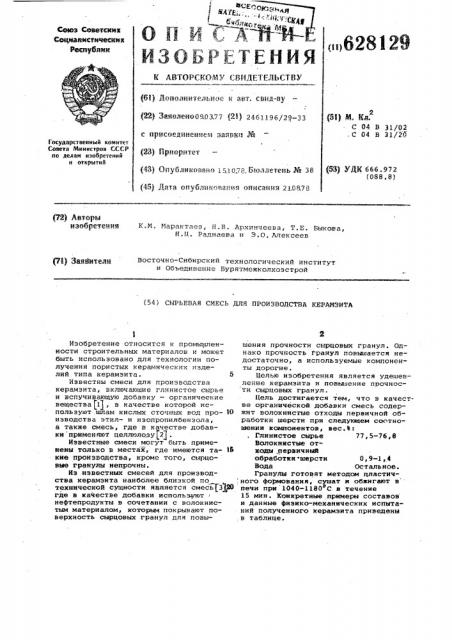 Сырьевая смесь для производства керамзита (патент 628129)