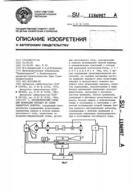 Автоматический стенд для испытания передач по схеме замкнутого контура (патент 1186987)