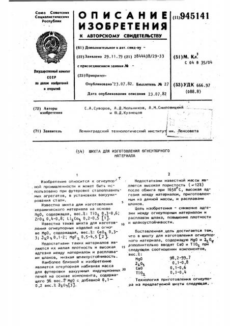 Шихта для изготовления огнеупорного материала (патент 945141)