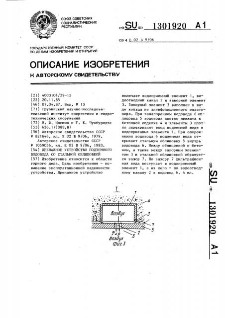 Дренажное устройство подземного водовода со стальной облицовкой (патент 1301920)