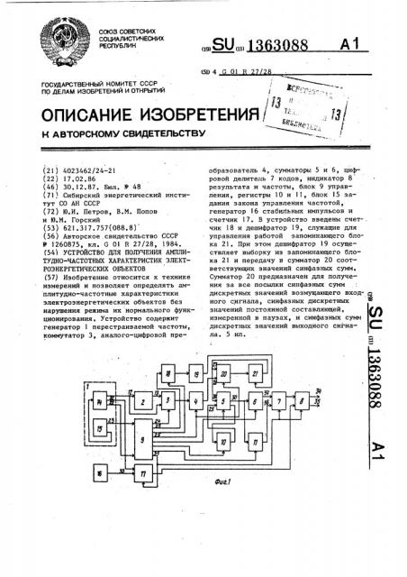 Устройство для получения амплитудно-частотных характеристик электроэнергетических объектов (патент 1363088)