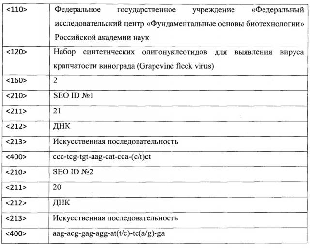 Набор синтетических олигонуклеотидов для выявления вируса крапчатости винограда (grapevine fleck virus) (патент 2644244)