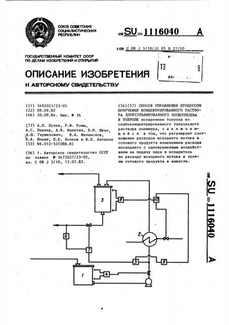 Способ управления процессом получения концентрированного раствора хлорсульфированного полиэтилена в толуоле (патент 1116040)