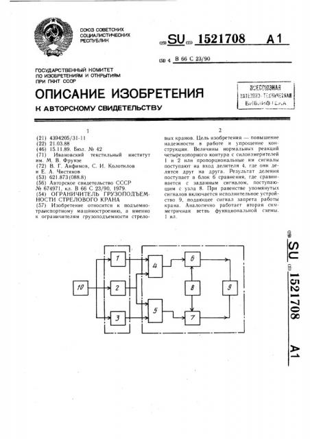 Ограничитель грузоподъемности стрелового крана (патент 1521708)