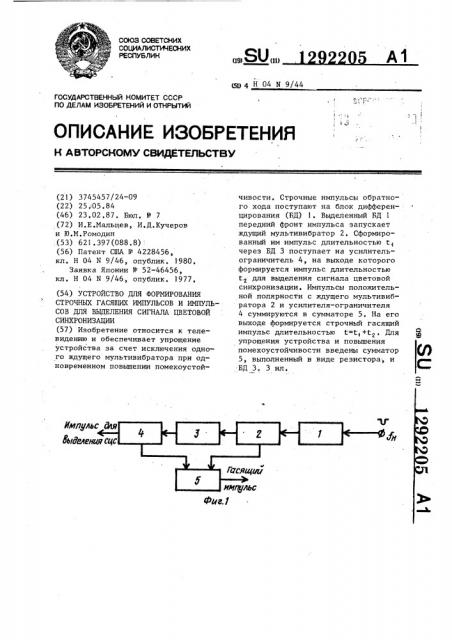 Устройство для формирования строчных гасящих импульсов и импульсов для выделения сигнала цветовой синхронизации (патент 1292205)