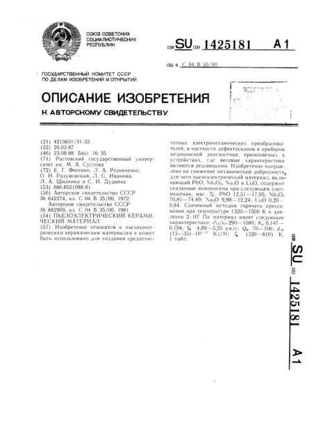 Пьезоэлектрический керамический материал (патент 1425181)