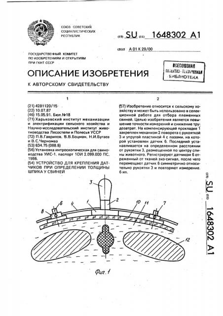 Устройство для крепления датчиков при определении толщины шпика у свиней (патент 1648302)