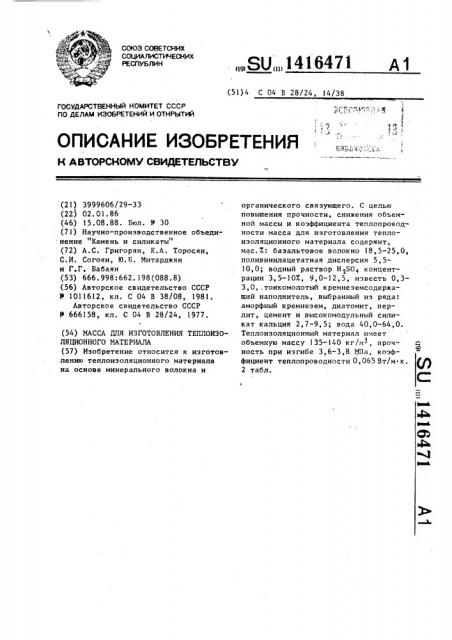 Масса для изготовления теплоизоляционного материала (патент 1416471)