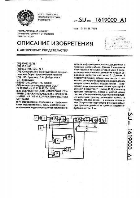 Устройство для измерения глубины скважины кабелем с нанесенными на нем корректирующими метками (патент 1619000)