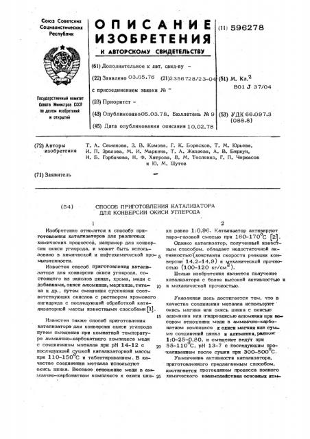 Способ приготовления катализатора для конверсии окиси углерода (патент 596278)