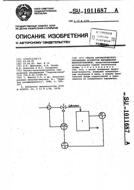 Способ автоматического управления процессом выращивания микроорганизмов (патент 1011687)