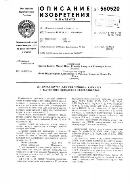 Катализатор для риформинга,крекинга и частичного окисления углеводородов (патент 560520)