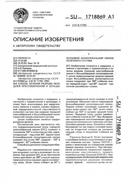 Способ лечения разрыва передней крестообразной и большеберцовой коллатеральной связок коленного сустава (патент 1718869)