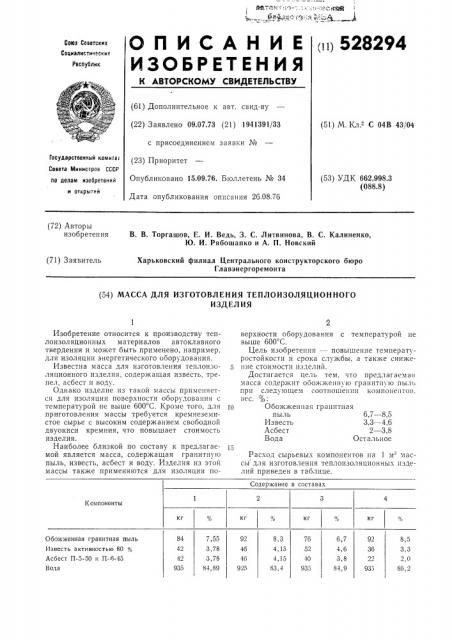 Масса для изготовления теплоизоляционного изделия (патент 528294)