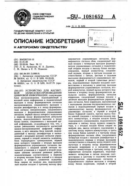 Устройство для магнитной записи-воспроизведения цифровой информации (патент 1081652)