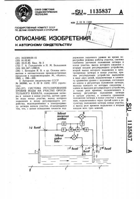 Система регулирования уровня воды на участке оросительного канала (патент 1135837)