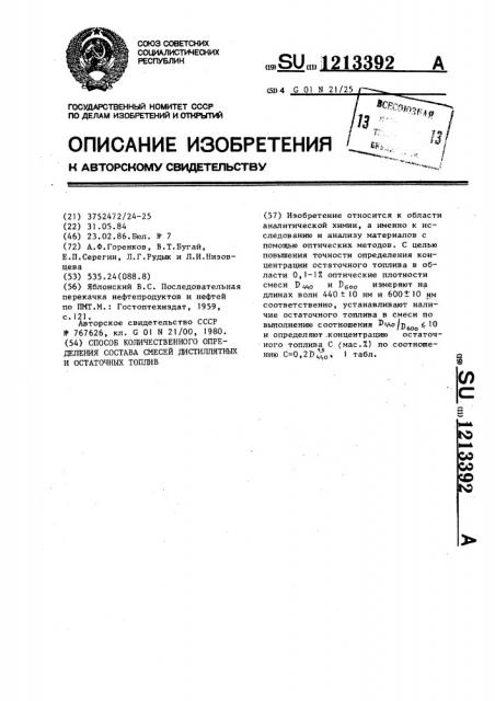 Способ количественного определения состава смесей дистиллятных и остаточных топлив (патент 1213392)