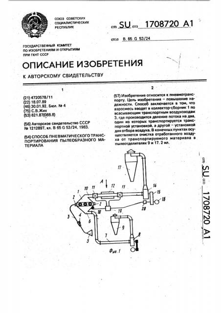 Способ пневматического транспортирования пылеобразного материала (патент 1708720)