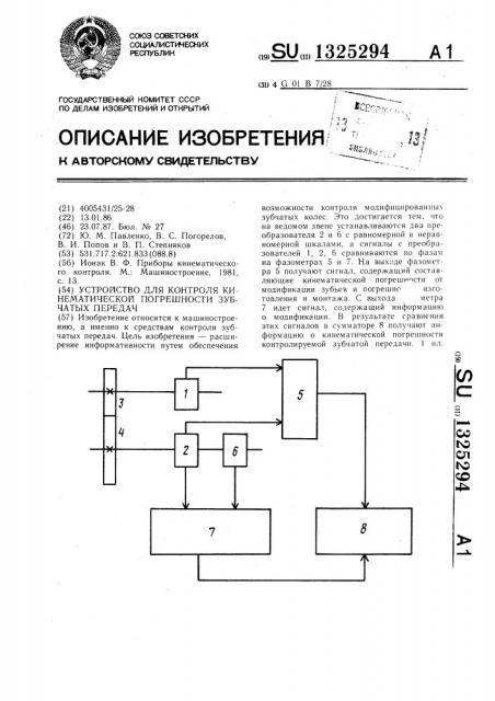 Устройство для контроля кинематической погрешности зубчатых передач (патент 1325294)