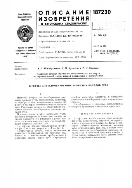 Пломбирования корневых каналов зуба (патент 187230)
