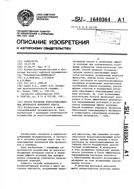 Способ изоляции водогазонасыщенных интервалов нефтяного пласта (патент 1640364)