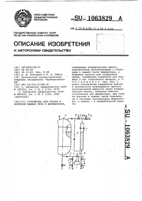 Устройство для отбора и контроля жидких проб к ферментерам (патент 1063829)