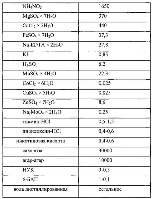 Питательная среда для культивирования каллусной культуры болиголова пятнистого (conium maculatum l) (патент 2596402)