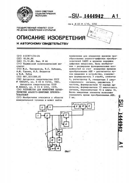 Устройство для измерения характеристик аналого-цифровых преобразователей (патент 1444942)