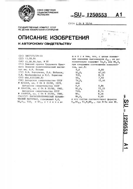 Пьезоэлектрический керамический материал (патент 1250553)