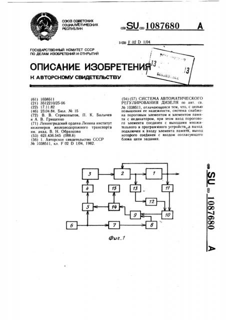 Система автоматического регулирования дизеля (патент 1087680)