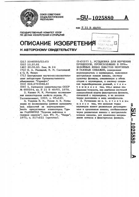 Установка для изучения процессов, происходящих в призабойных зонах пластов нефтяных и газовых скважин (патент 1025880)