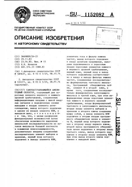 Самонастраивающийся амплитудный селектор (патент 1152082)